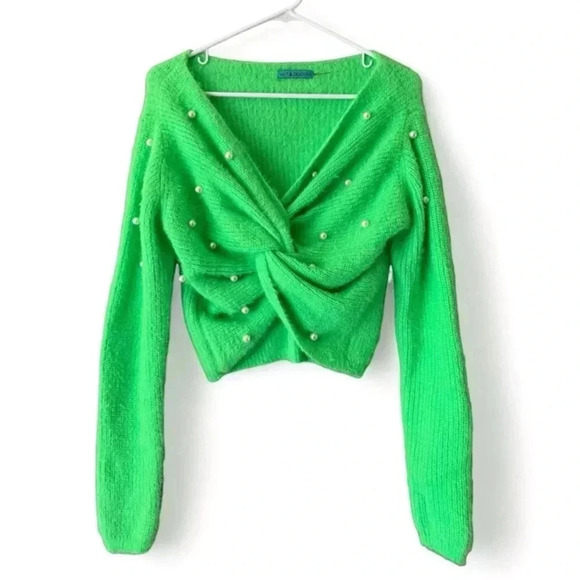 Hot & Delicious Sweaters - New Hot & Delicious Neon Green Fuzzy Pear sweater. Cropped Twist, Size Large!